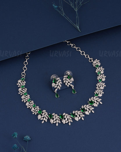 Rhodium Polish Tear-Drop Designed Floral AD Necklace 1523
