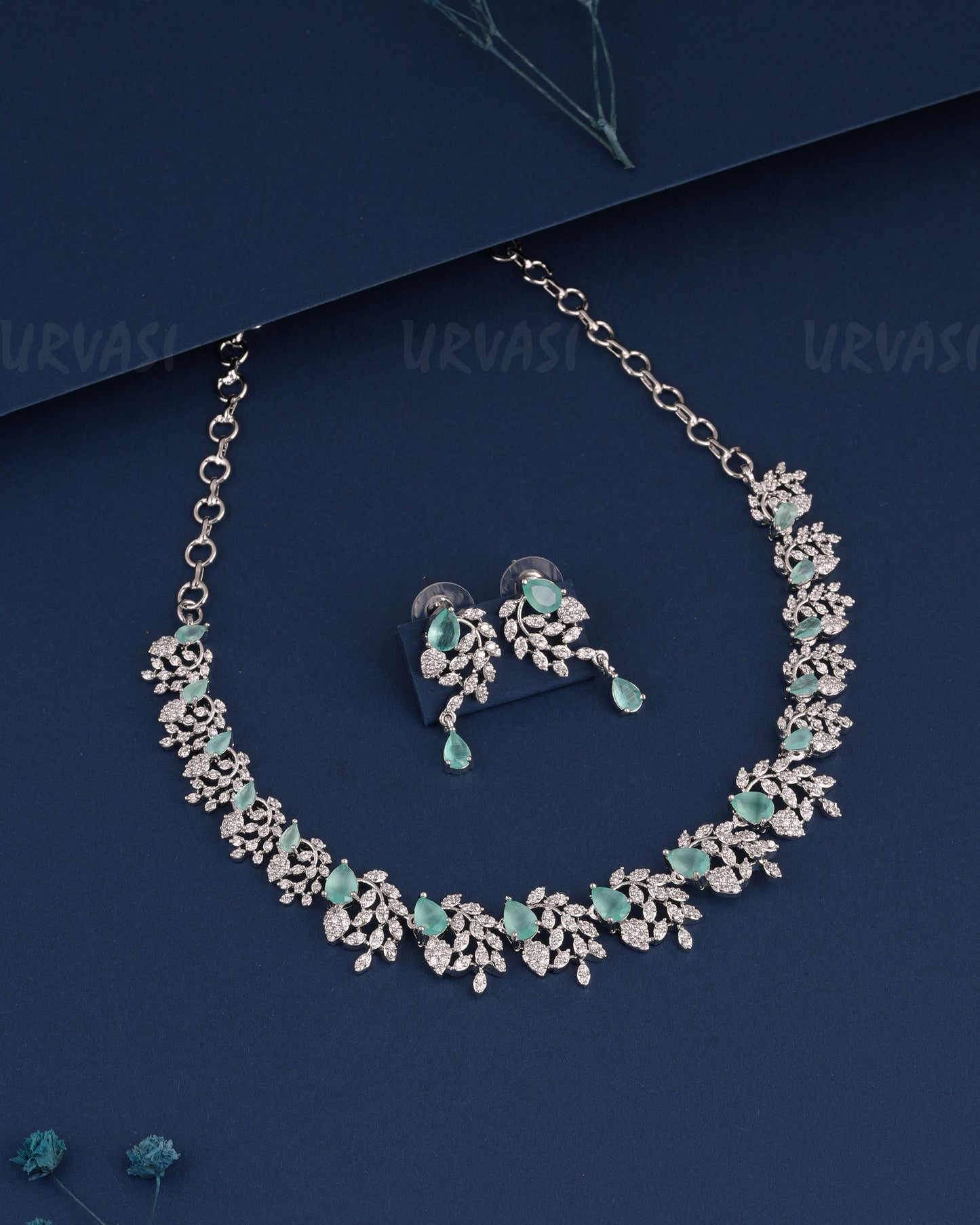 Rhodium Polish Tear-Drop Designed Floral AD Necklace 1523