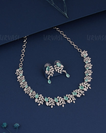 Rhodium Polish Tear-Drop Designed Floral AD Necklace 1523