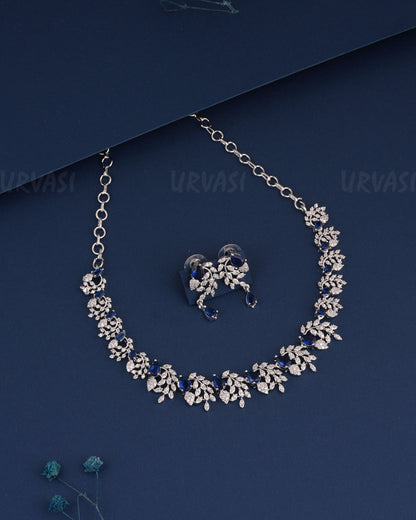 Rhodium Polish Tear-Drop Designed Floral AD Necklace 1523
