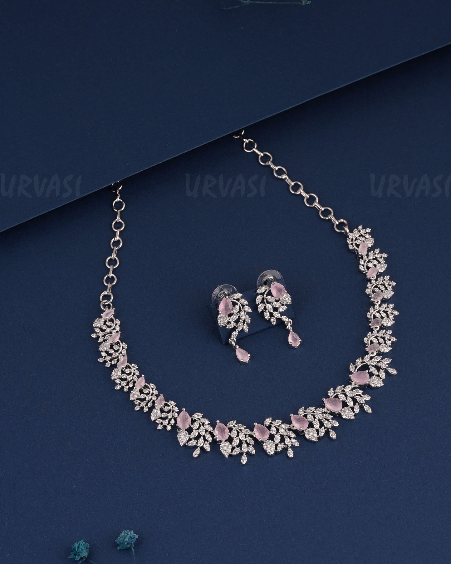 Rhodium Polish Tear-Drop Designed Floral AD Necklace 1523