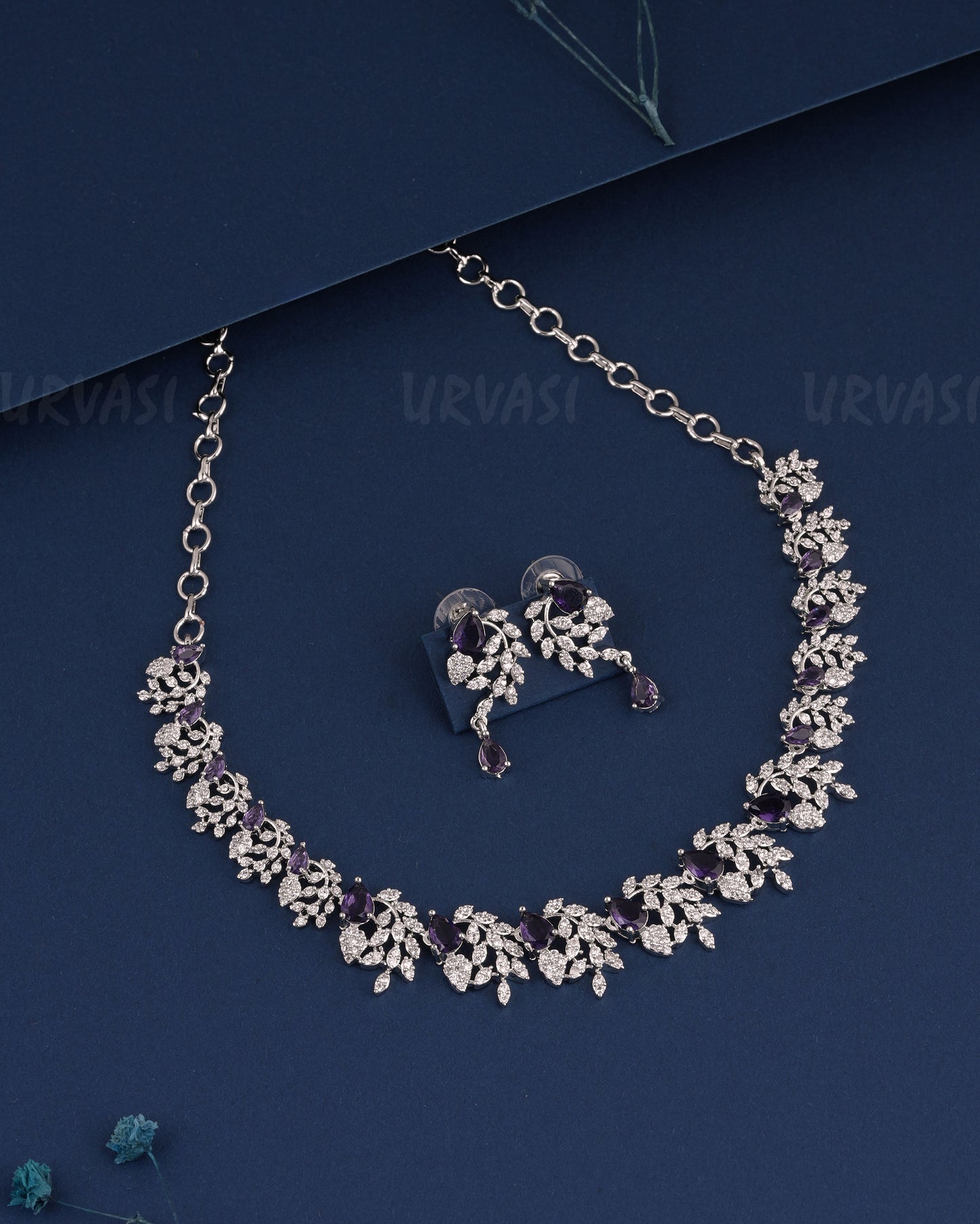 Rhodium Polish Tear-Drop Designed Floral AD Necklace 1523