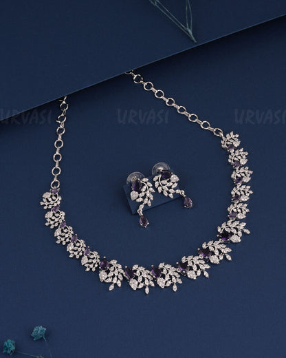 Rhodium Polish Tear-Drop Designed Floral AD Necklace 1523