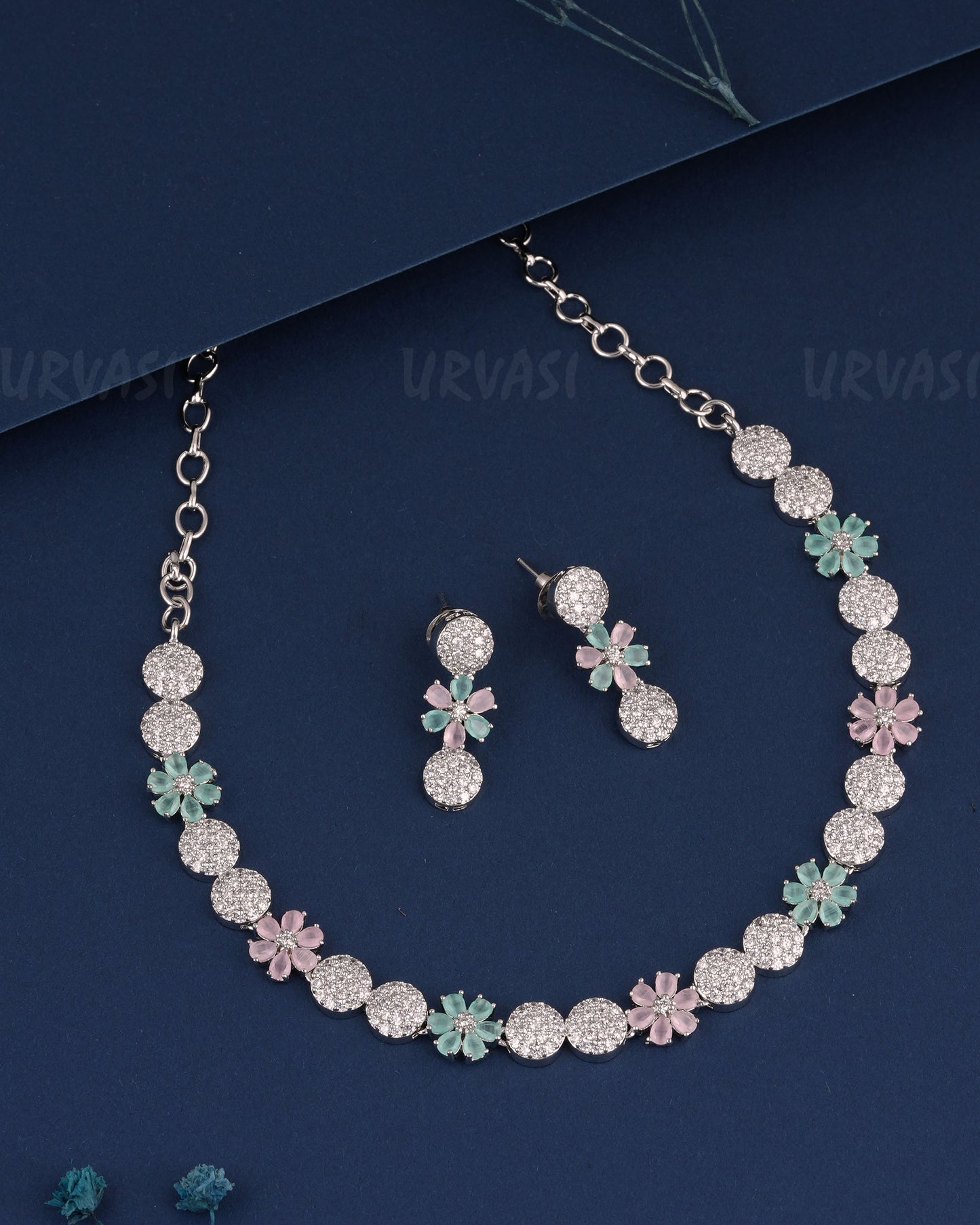 Rhodium Polish Floral AD Necklace 1231