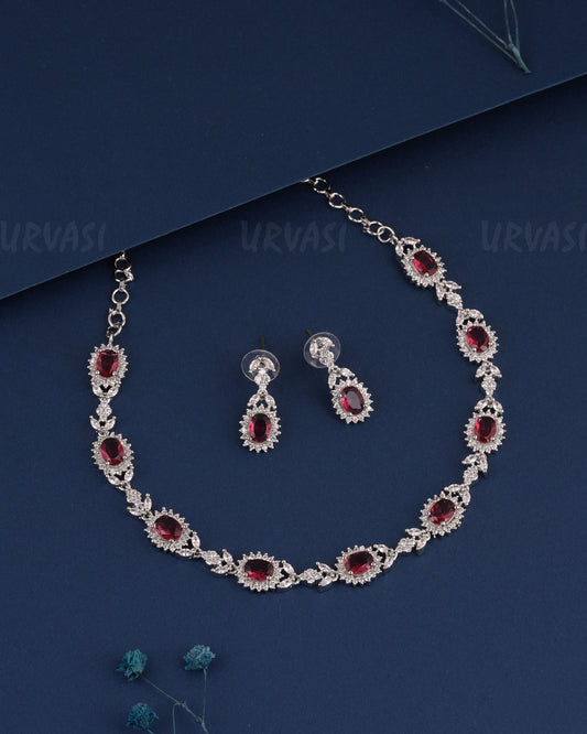 Rhodium Polish Leaf-Designed Floral AD Necklace 1526