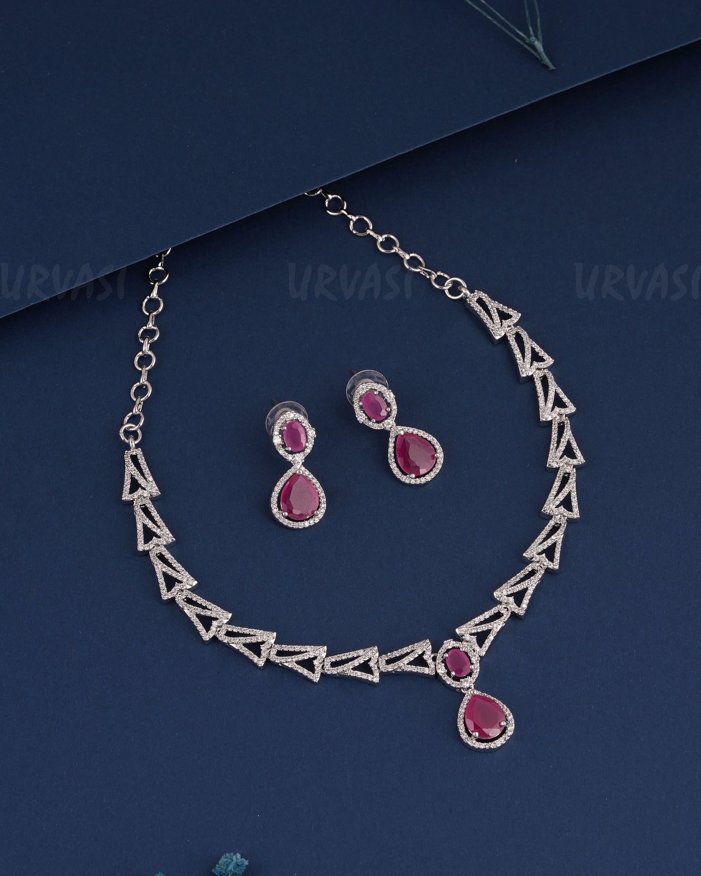 Rhodium Polish Tear-Drop Pendant AD Necklace 1525