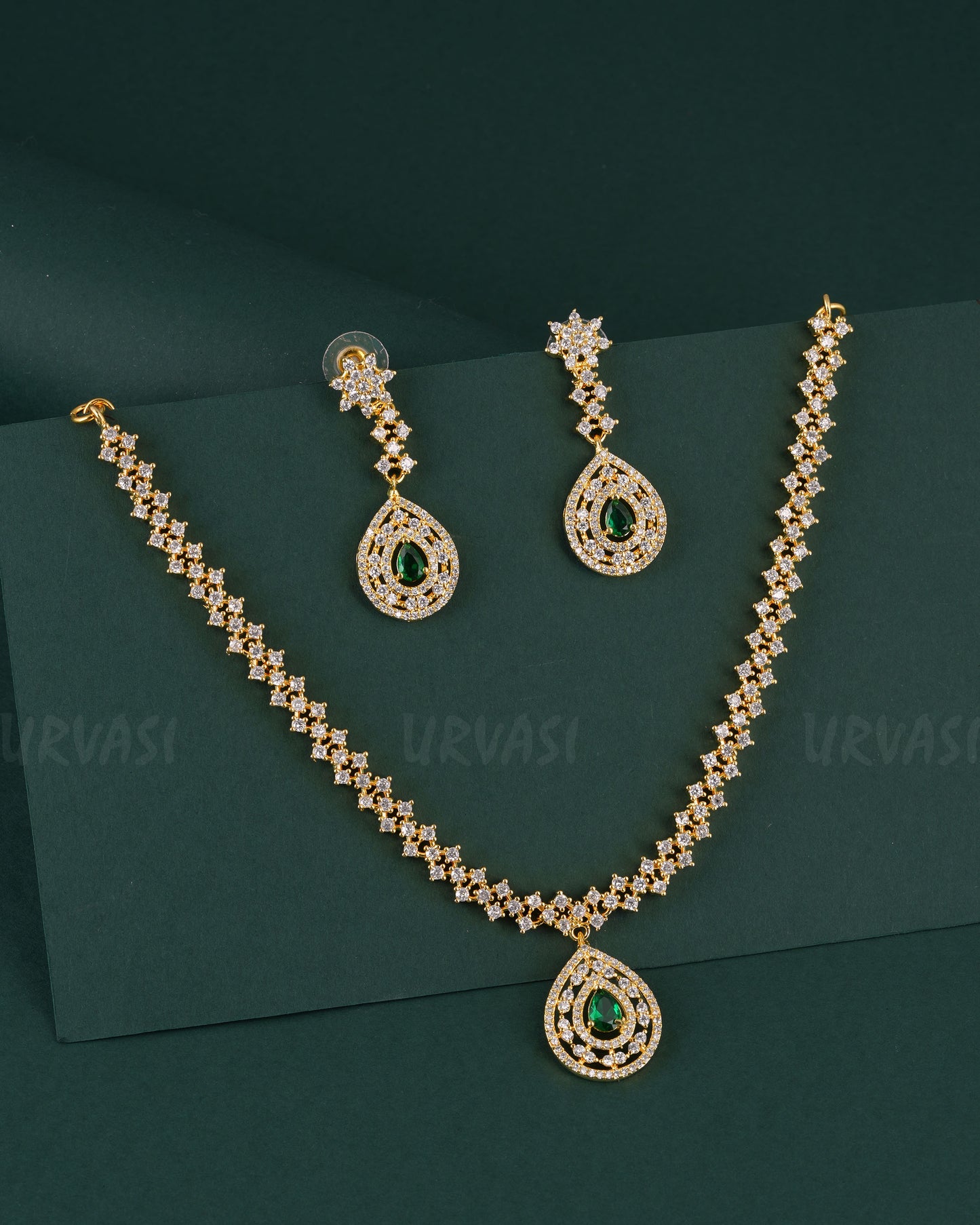 Gold-Polish Tear-Drop Stone Studded AD Necklace 1529