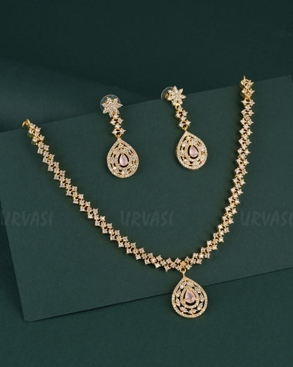 Gold-Polish Tear-Drop Stone Studded AD Necklace 1529