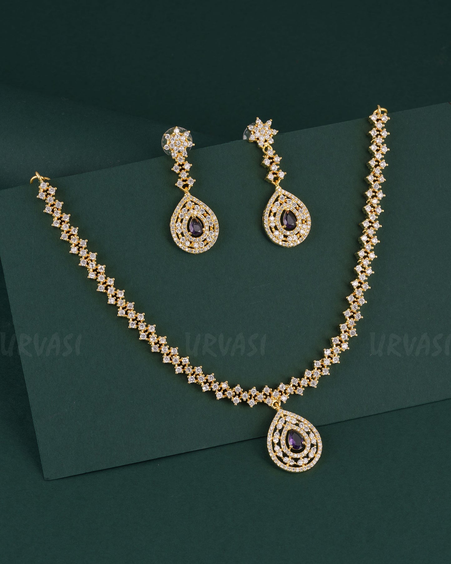 Gold-Polish Tear-Drop Stone Studded AD Necklace 1529