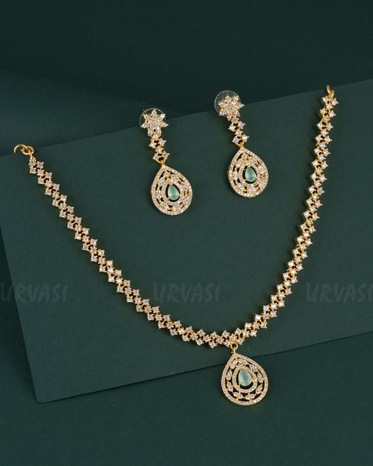 Gold-Polish Tear-Drop Stone Studded AD Necklace 1529