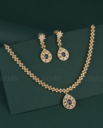 Gold-Polish Tear-Drop Stone Studded AD Necklace 1529
