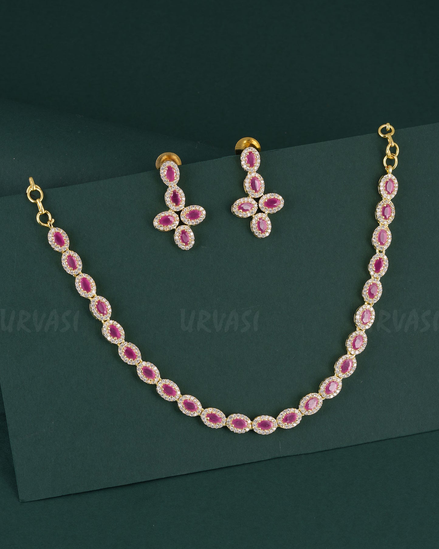 Gold-Polish Stone-Designed AD Necklace 1531