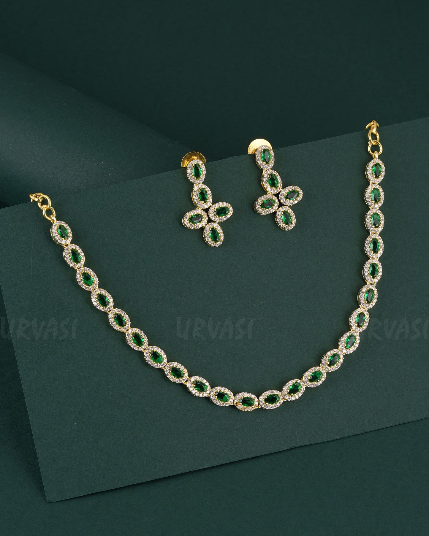 Gold-Polish Stone-Designed AD Necklace 1531