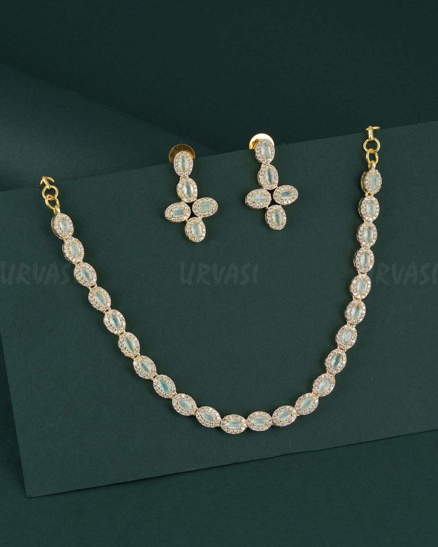 Gold-Polish Stone-Designed AD Necklace 1531