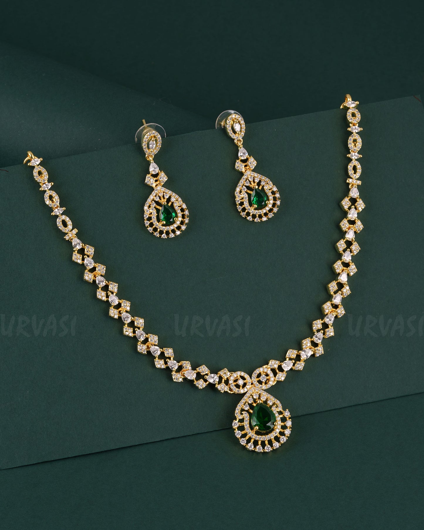 Gold-Polish Tear-Drop Designed AD Necklace 1530