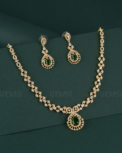 Gold-Polish Tear-Drop Designed AD Necklace 1530