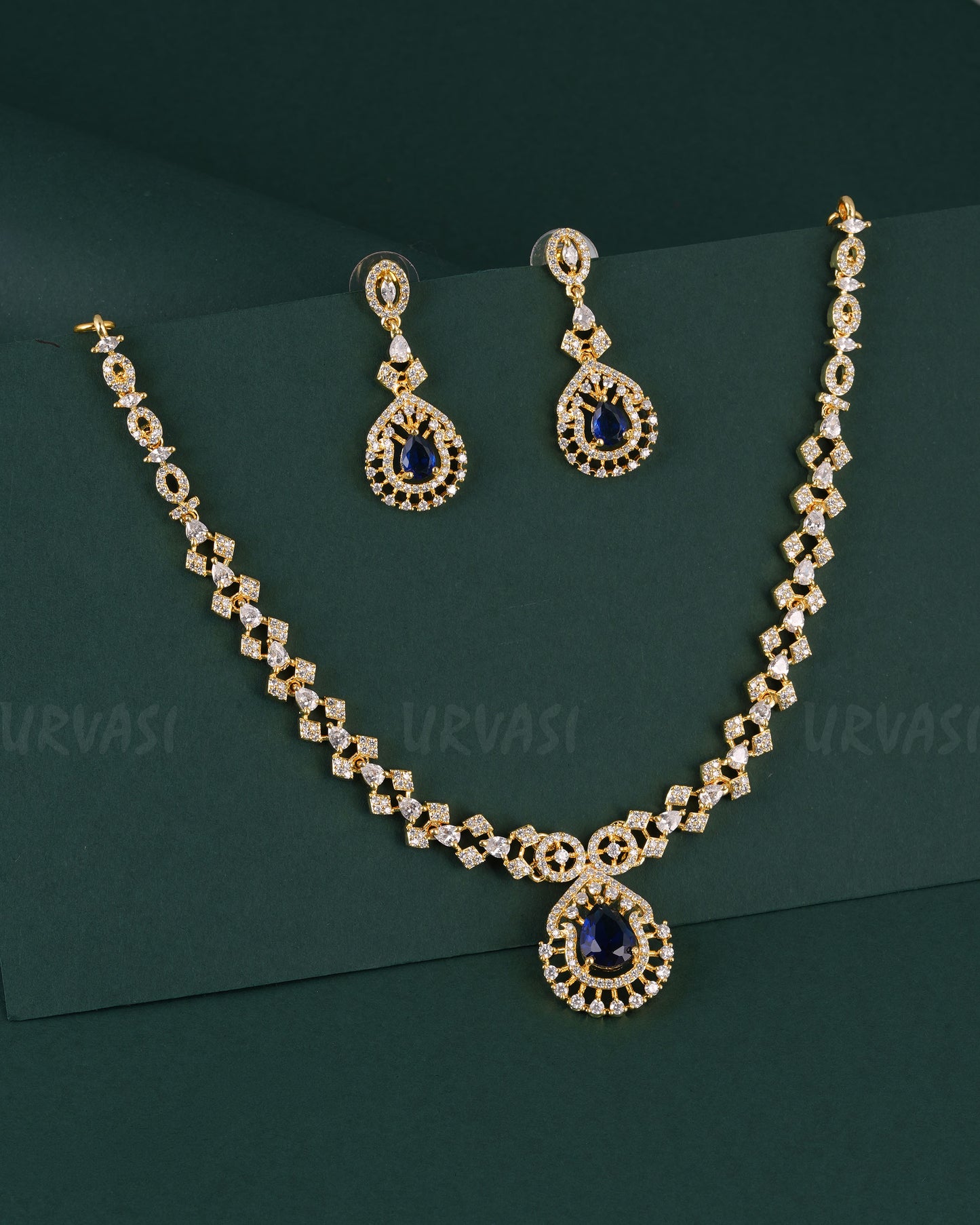 Gold-Polish Tear-Drop Designed AD Necklace 1530