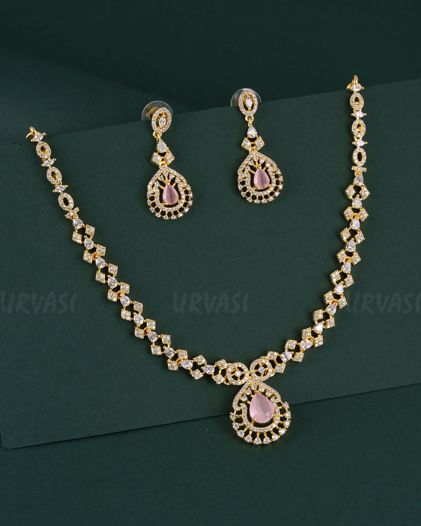 Gold-Polish Tear-Drop Designed AD Necklace 1530