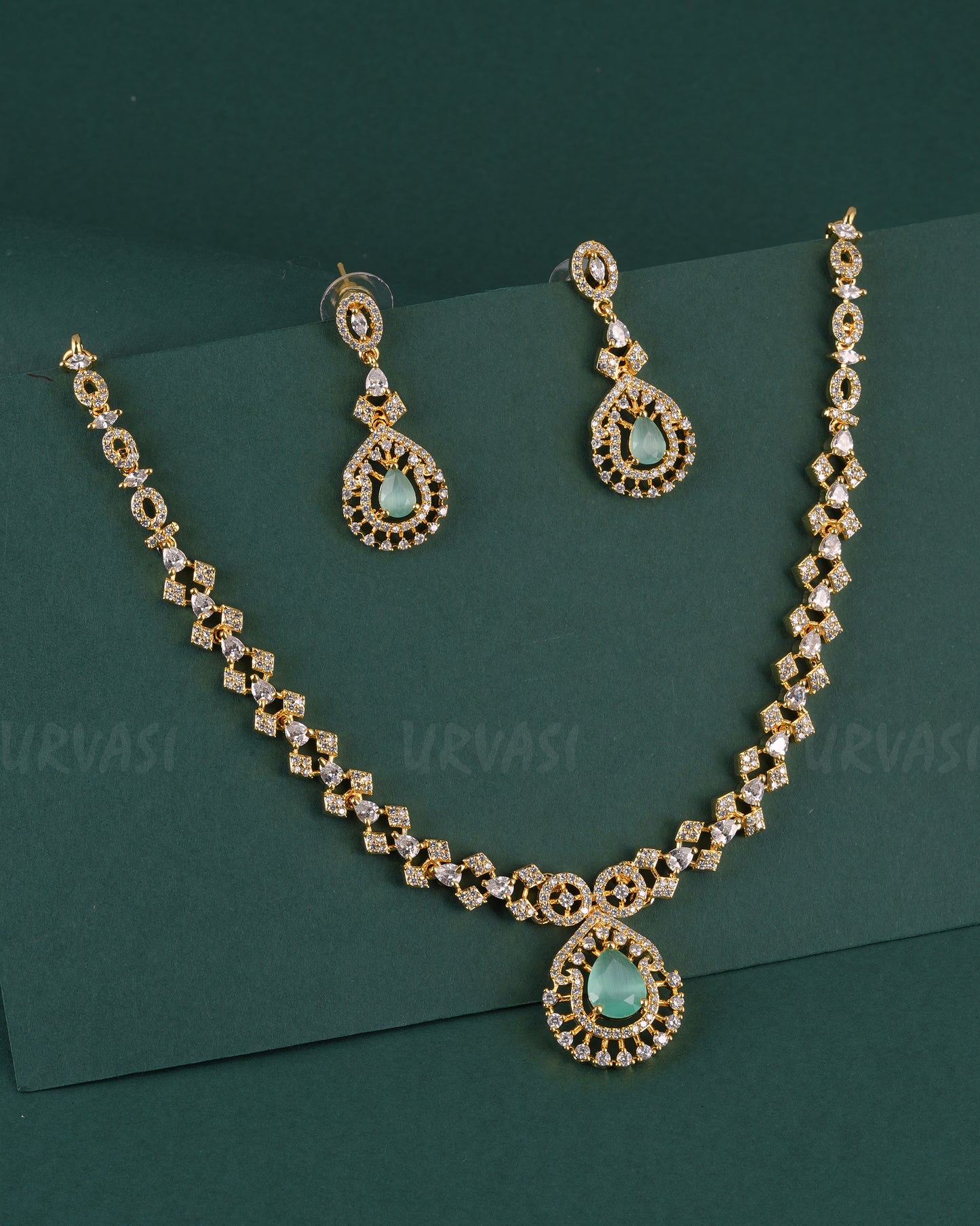Gold-Polish Tear-Drop Designed AD Necklace 1530