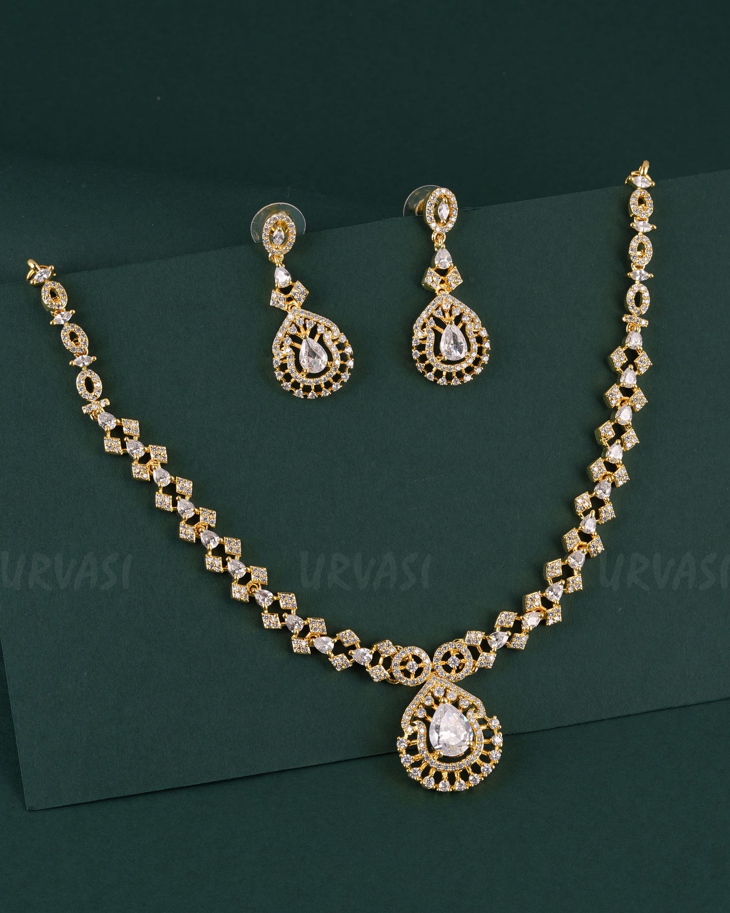 Gold-Polish Tear-Drop Designed AD Necklace 1530