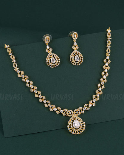 Gold-Polish Tear-Drop Designed AD Necklace 1530