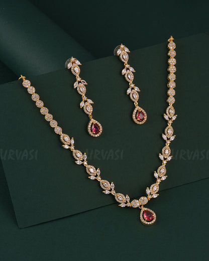 Gold-Toned Floral Tear-Drop Pendant AD Necklace  1545