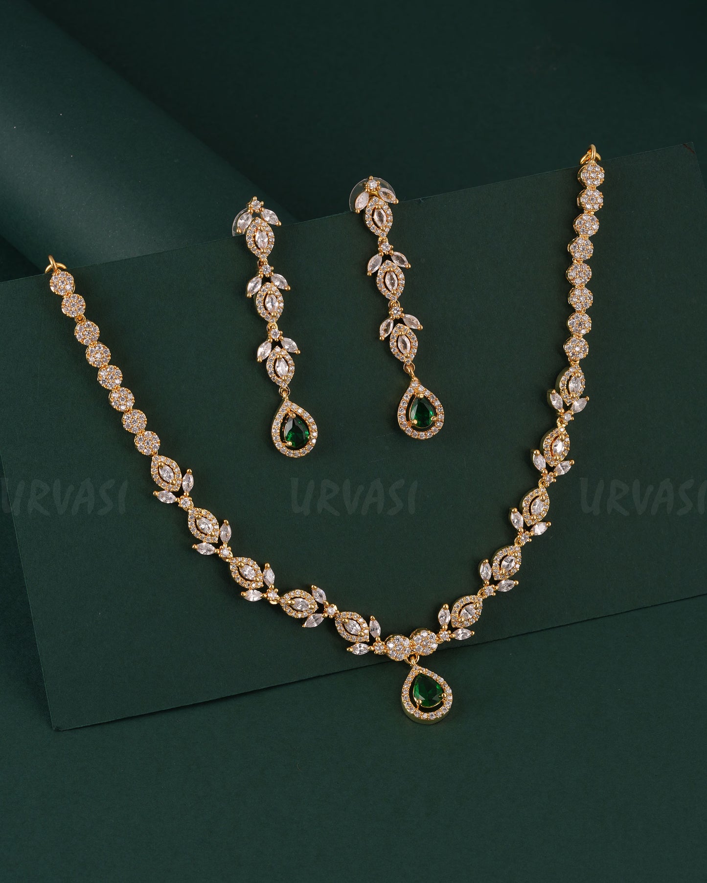 Gold-Toned Floral Tear-Drop Pendant AD Necklace  1545