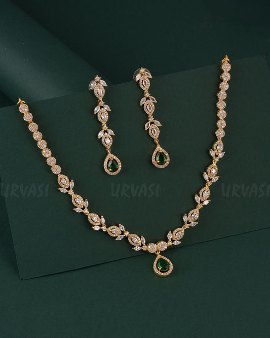 Gold-Toned Floral Tear-Drop Pendant AD Necklace  1545