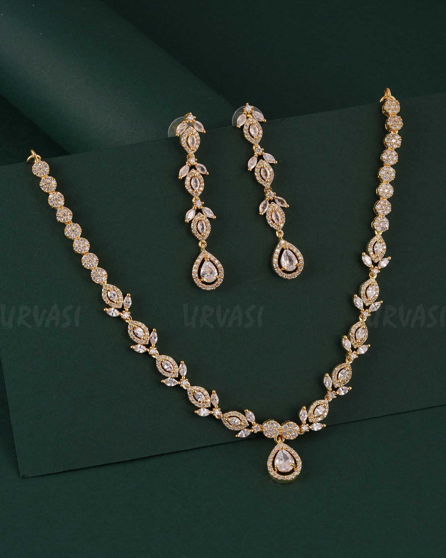 Gold-Toned Floral Tear-Drop Pendant AD Necklace  1545