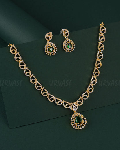 Gold-Toned Floral Tear-Drop Pendant AD Necklace 1546
