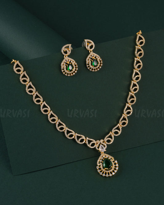 Gold-Toned Floral Tear-Drop Pendant AD Necklace 1546