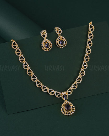 Gold-Toned Floral Tear-Drop Pendant AD Necklace 1546