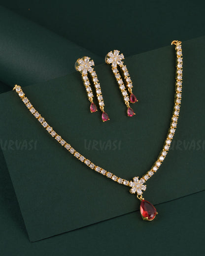 Gold-Toned Floral Pendant AD Necklace 1537