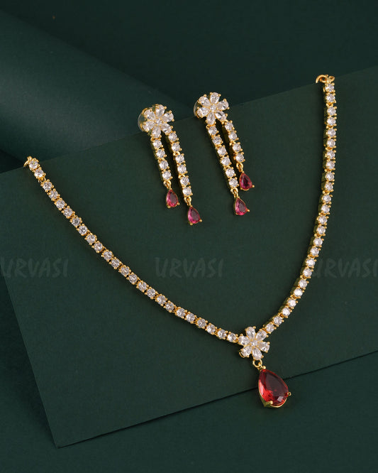 Gold-Toned Floral Pendant AD Necklace 1537