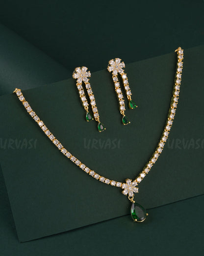 Gold-Toned Floral Pendant AD Necklace 1537