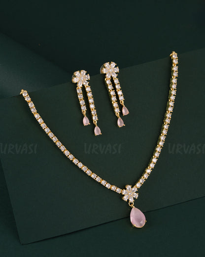 Gold-Toned Floral Pendant AD Necklace 1537