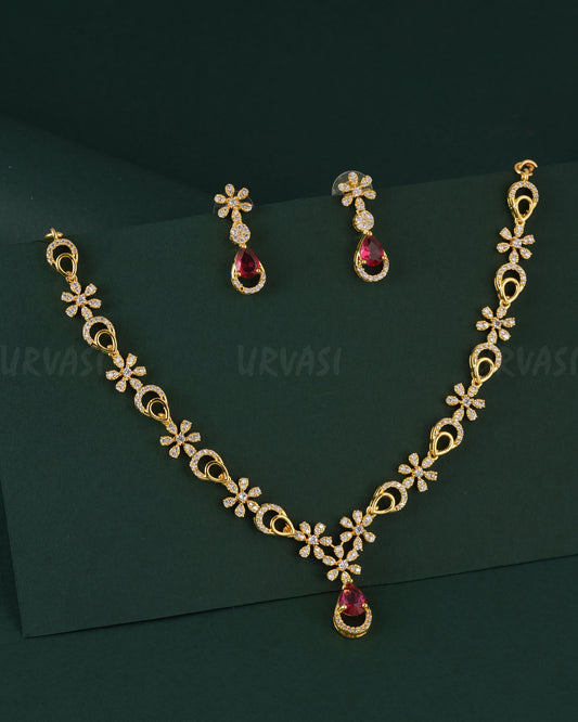 Gold-Polish Floral Stone-Studded  AD Necklace 1541
