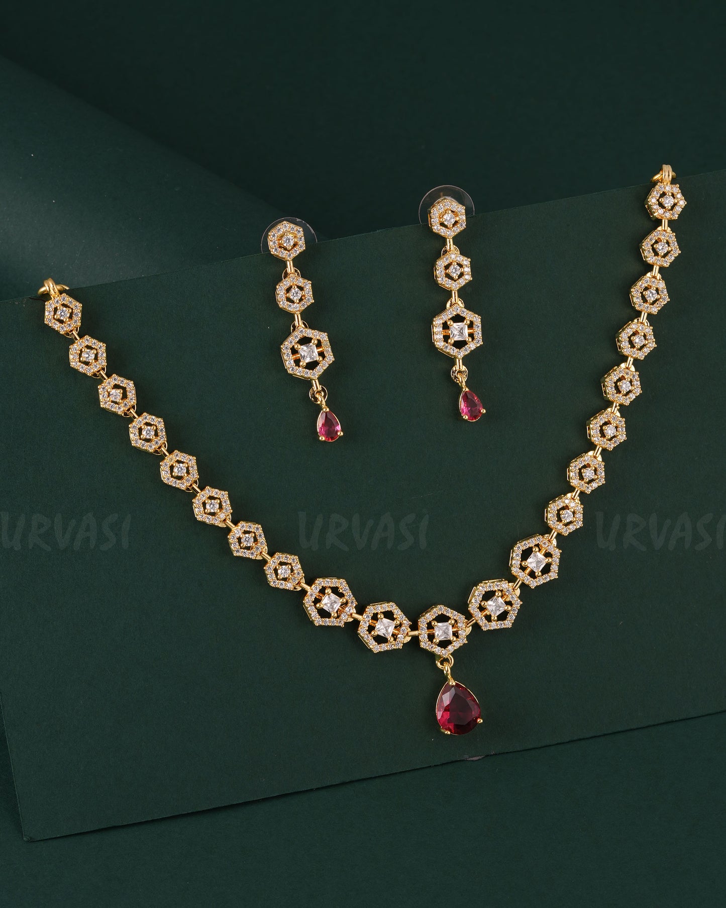 Gold-Toned Floral Stone-Studded AD Necklace 1535