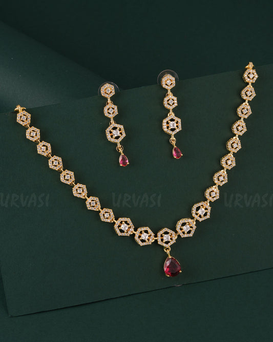 Gold-Toned Floral Stone-Studded AD Necklace 1535