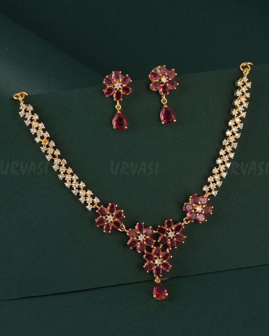 Gold-Polish Floral Pendant AD Necklace 1542