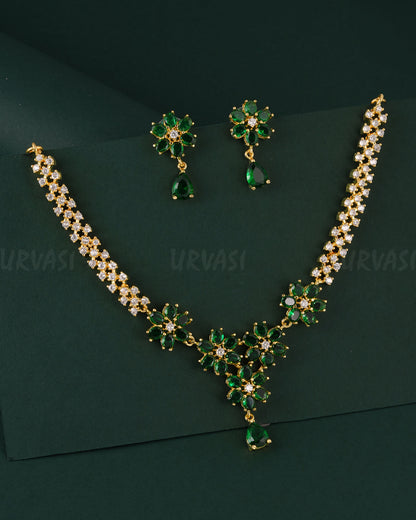 Gold-Polish Floral Pendant AD Necklace 1542