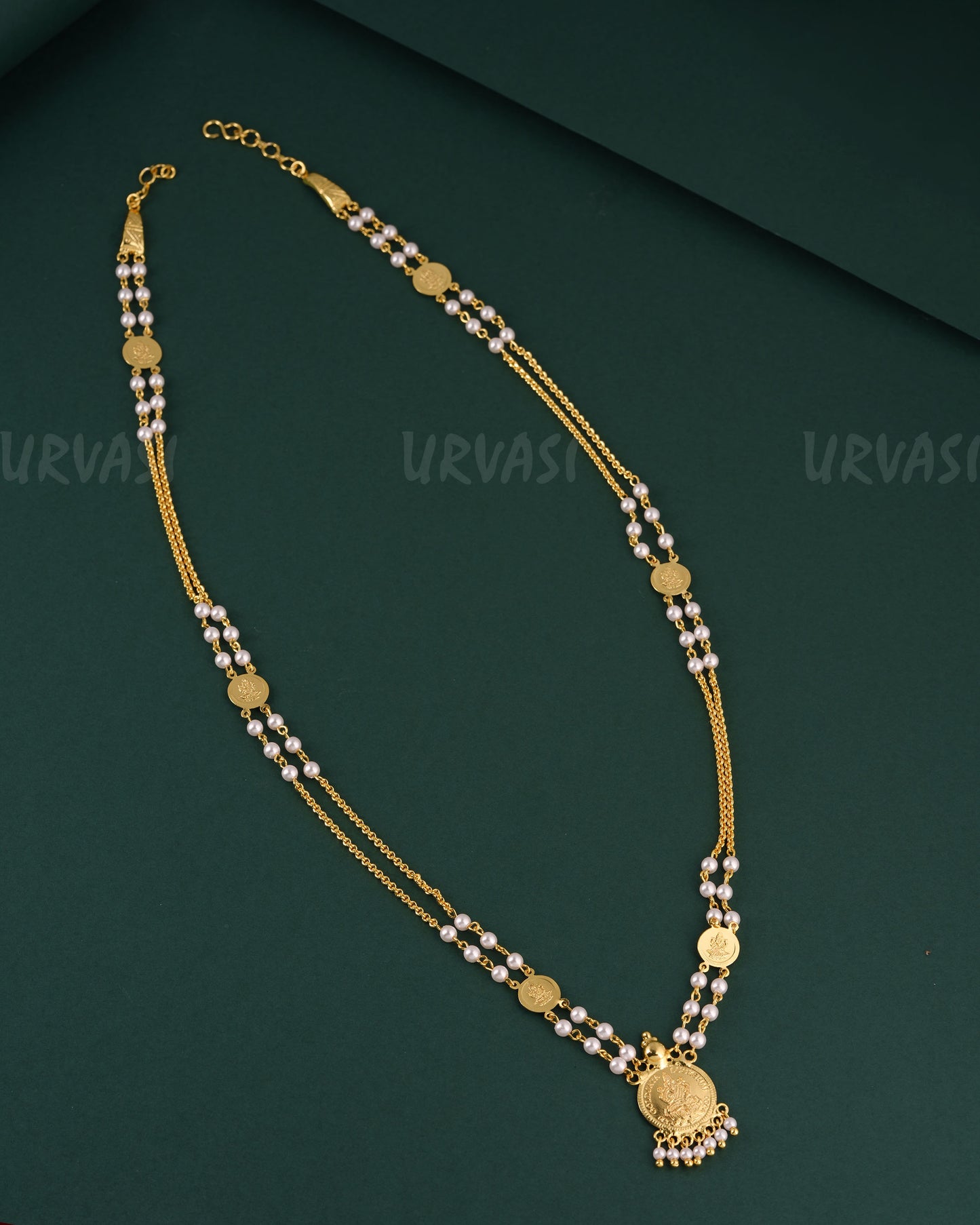 Gold-Toned Bead Kasu Lakshmi Pendant Mala Ma 145