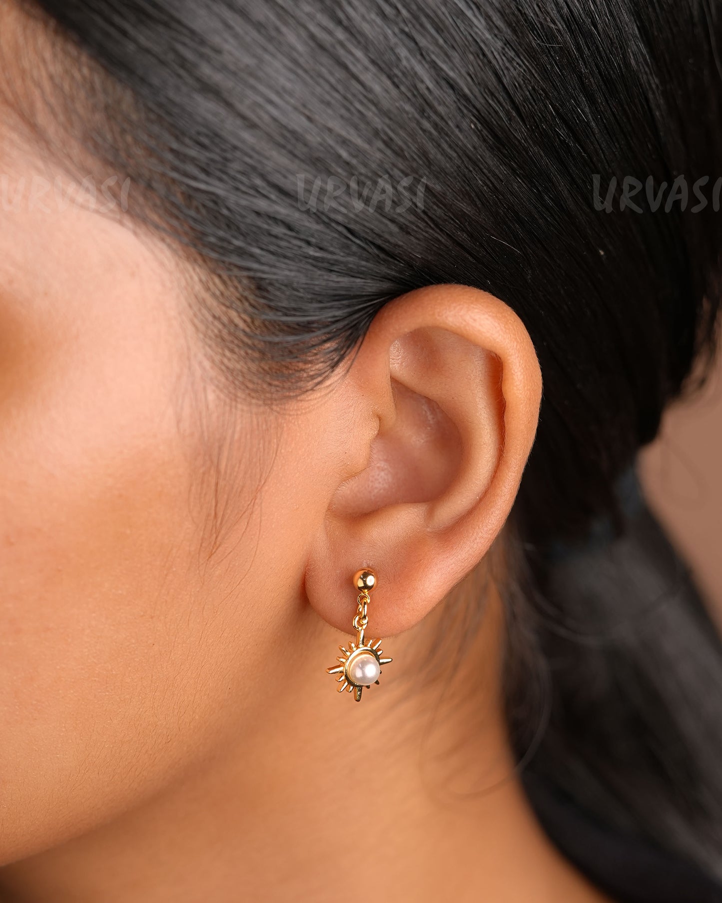 Gold-Polish Beaded Hanging Pearl Earrings ER 327