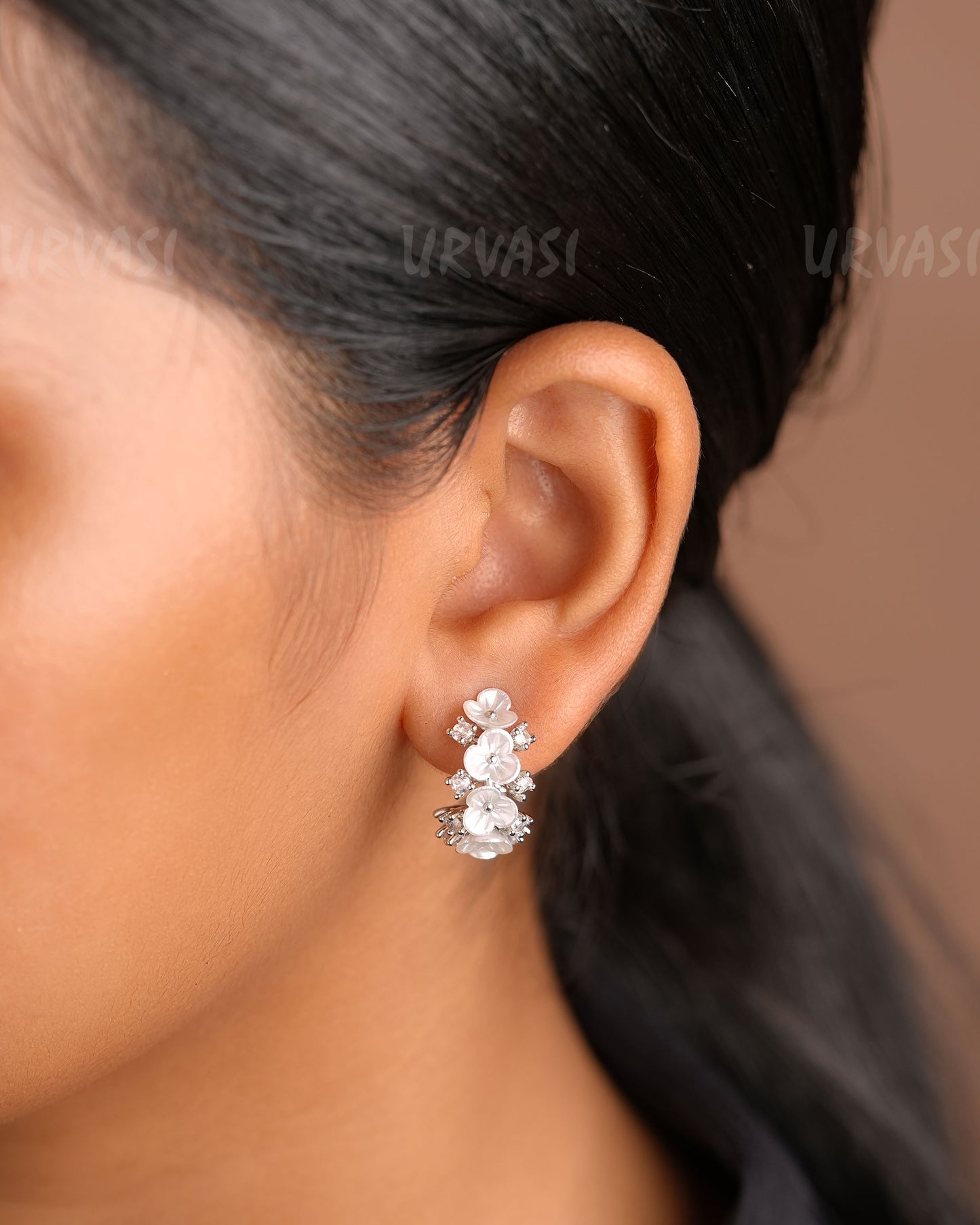 Rhodium Polish Floral Hoop Stud Earrings ER 149