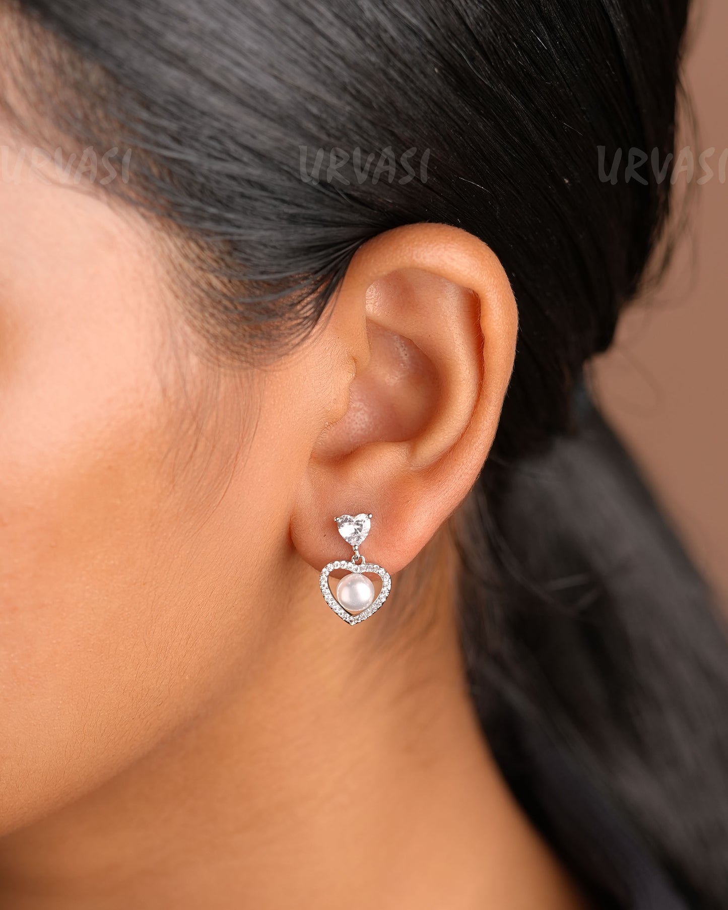 Rhodium Polish Heart-Shaped AD Earrings ER 334