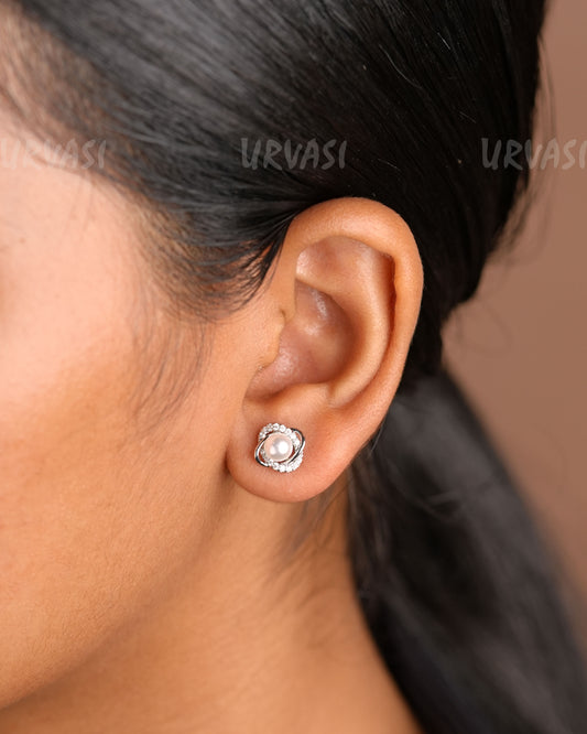 Rhodium Polish AD Pearl Stud-Earrings ER 614