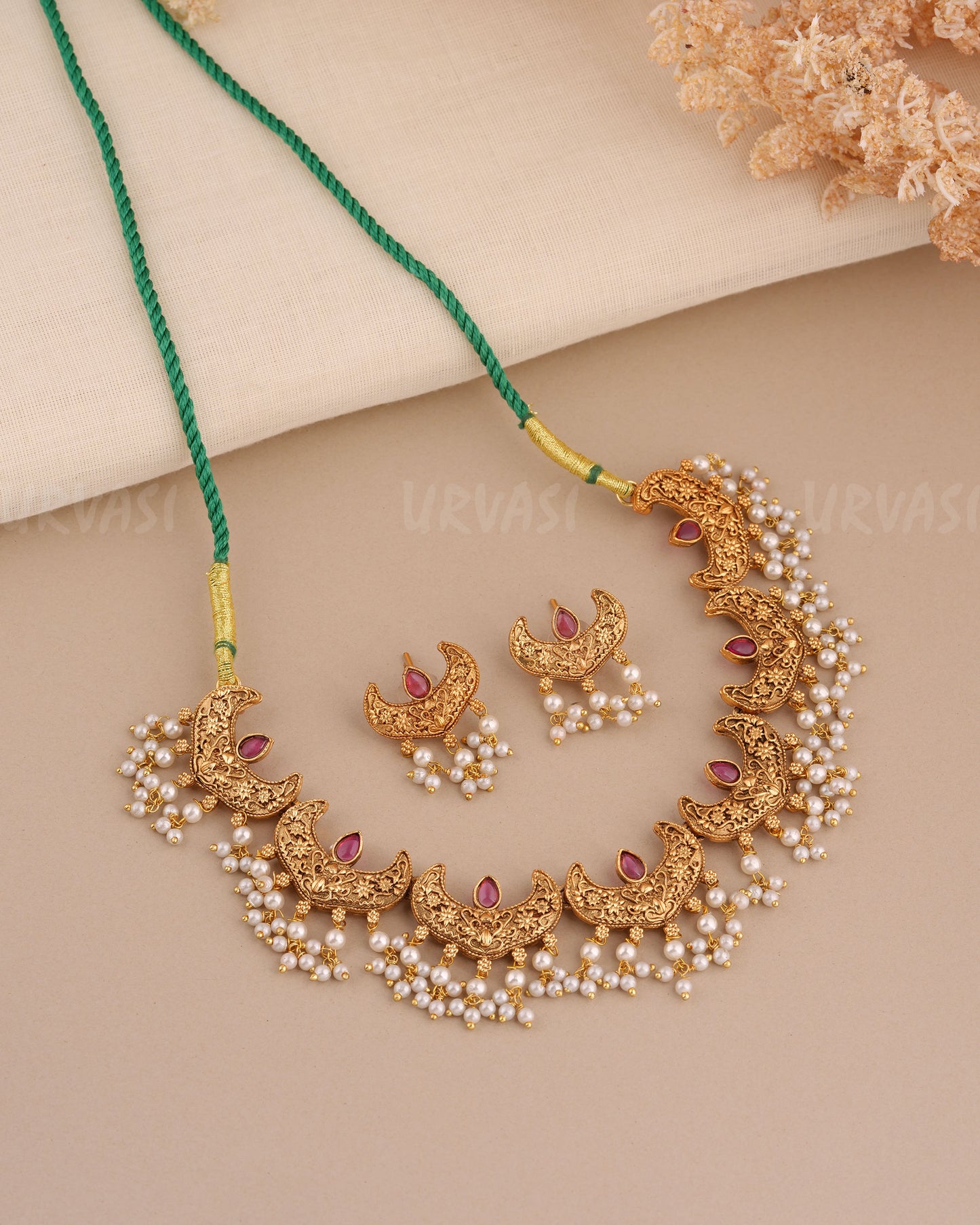 Gold-Toned Chaandbhali Designed Pearl Necklace 1547