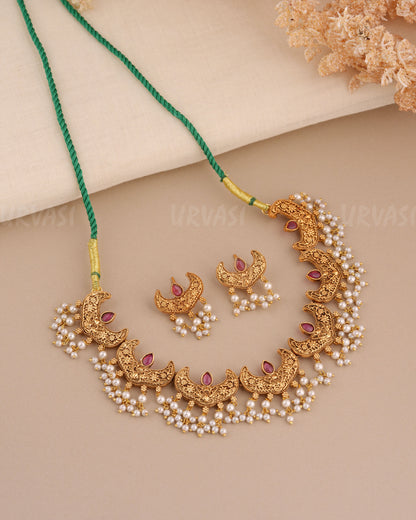 Gold-Toned Chaandbhali Designed Pearl Necklace 1547