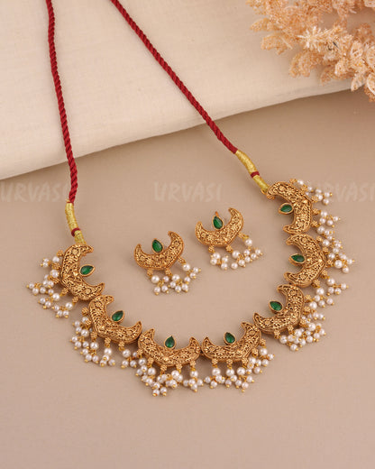 Gold-Toned Chaandbhali Designed Pearl Necklace 1547