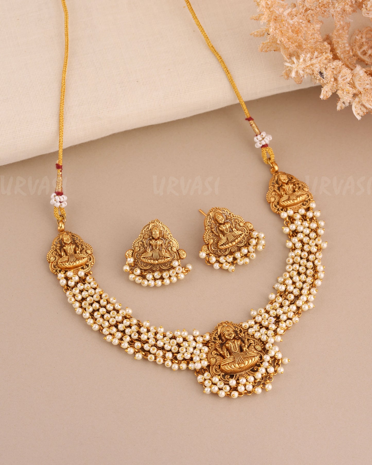 Gold-Toned Antique Lakshmi Pearl Ghungroo Necklace 1548